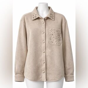 Gardenya Embellished Beige Shirt Jacket Pearl Detail Size S NWT